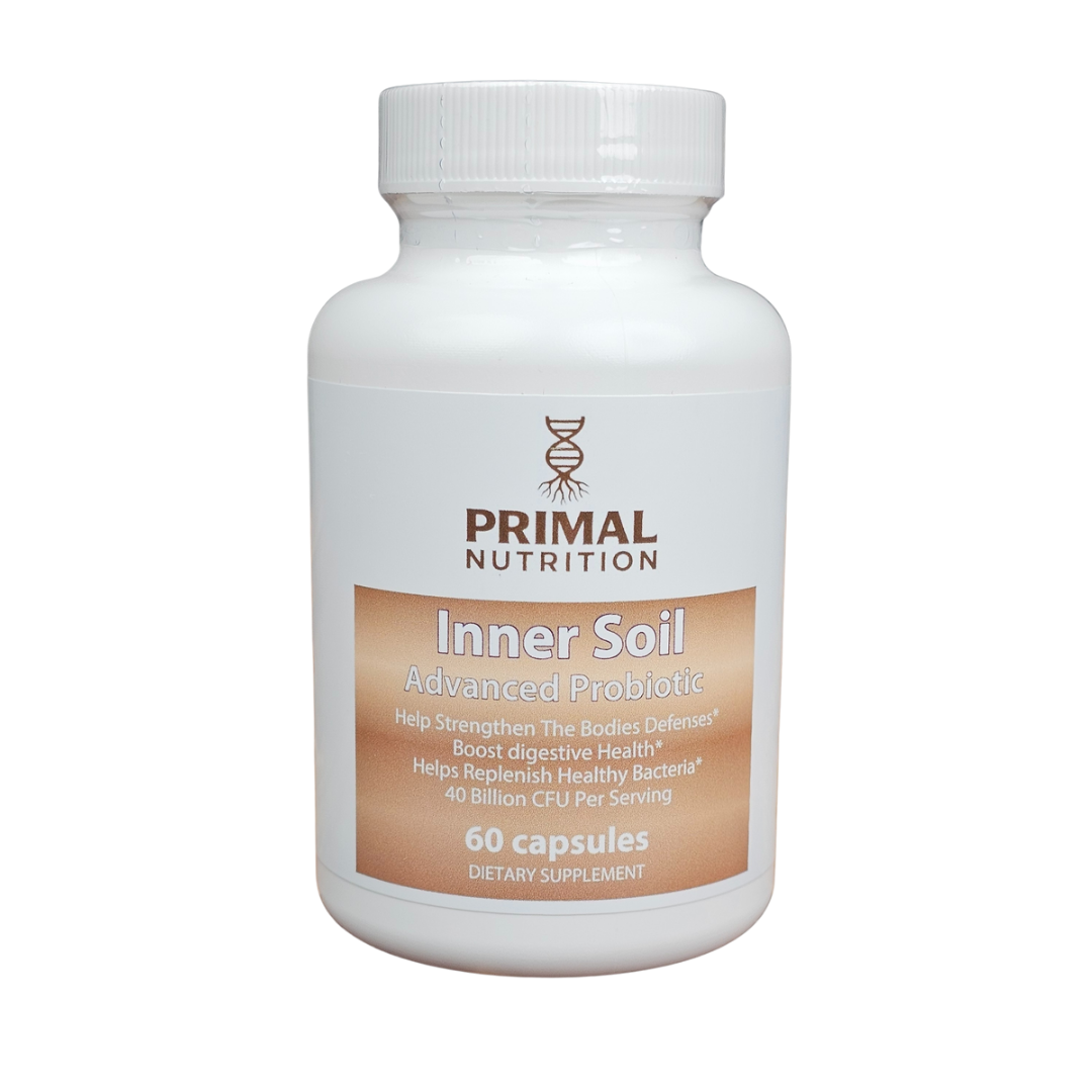 Primal Nutrition Inner Soil Advanced Probiotic supplement bottle on a white background